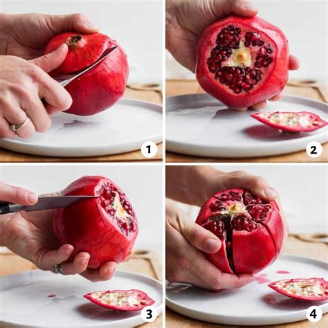 Instructions. Locate the stem end of the pomegranate and cut off about 1/2 inch of the crown or top of the fruit. The pomegranate will be divided into four or five sections indicated by the white pith or membrane. Using a sharp knife, carefully cut from the top of the fruit along the line of the white membrane through to the bottom.